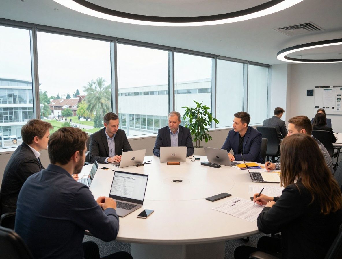 Редакционная команда Velmora за круглым столом в современном офисе с большими окнами, ноутбуки, доски с материалами, атмосфера профессиональной работы