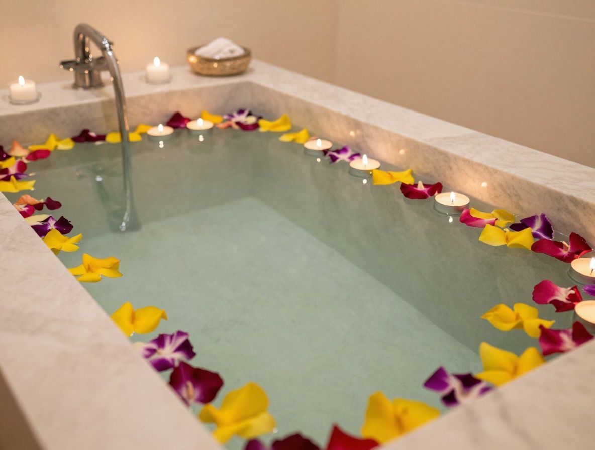 Роскошный спа-центр с мраморным бассейном, свечами и цветочными лепестками на воде, атмосфера полного спокойствия