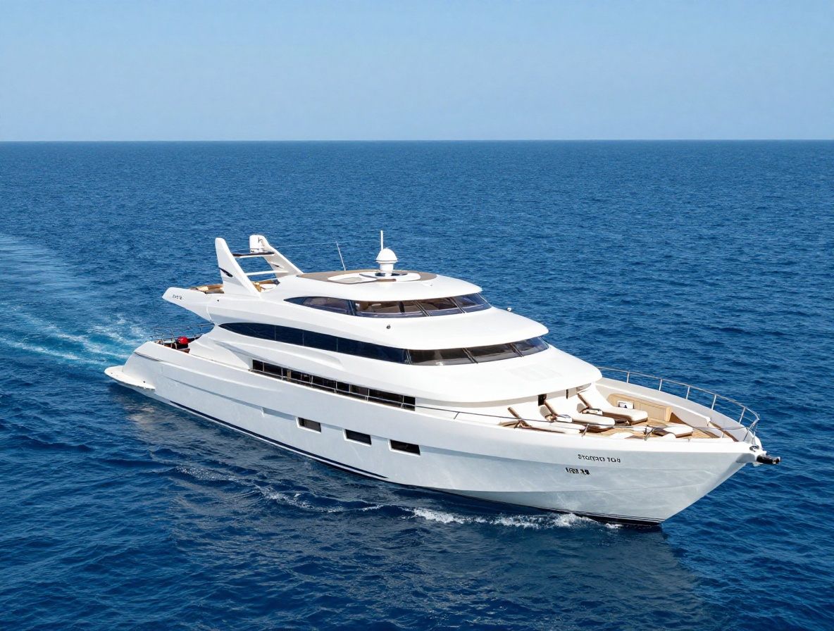 Белоснежная роскошная яхта в открытом море на фоне голубого неба, вид с воздуха, дорожка на воде от кормы