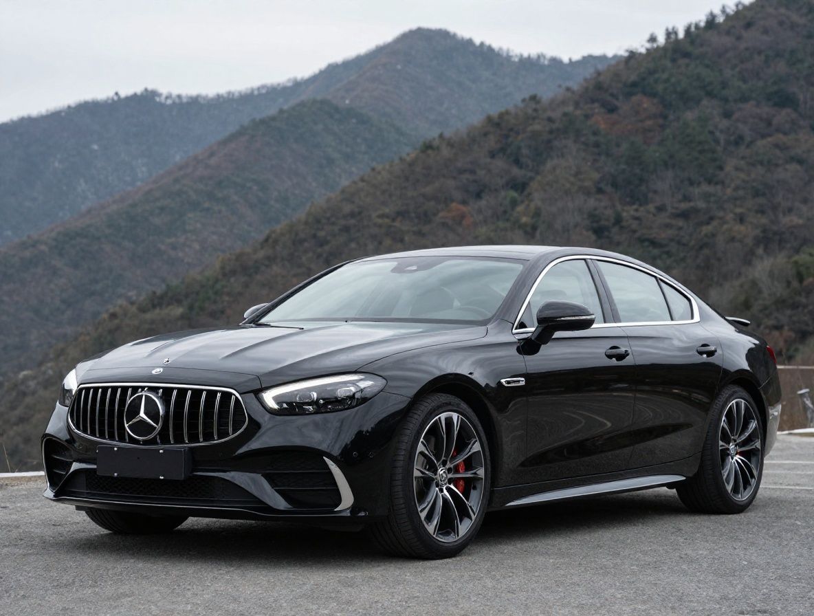 Чёрный спортивный суперкар класса люкс на фоне заснеженных гор, блестящие хромированные детали и панорамная крыша