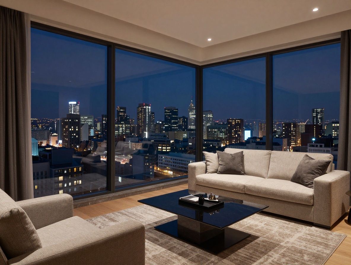 Элегантный интерьер пентхауса с панорамными окнами, видом на ночной городской пейзаж и современной роскошной мебелью