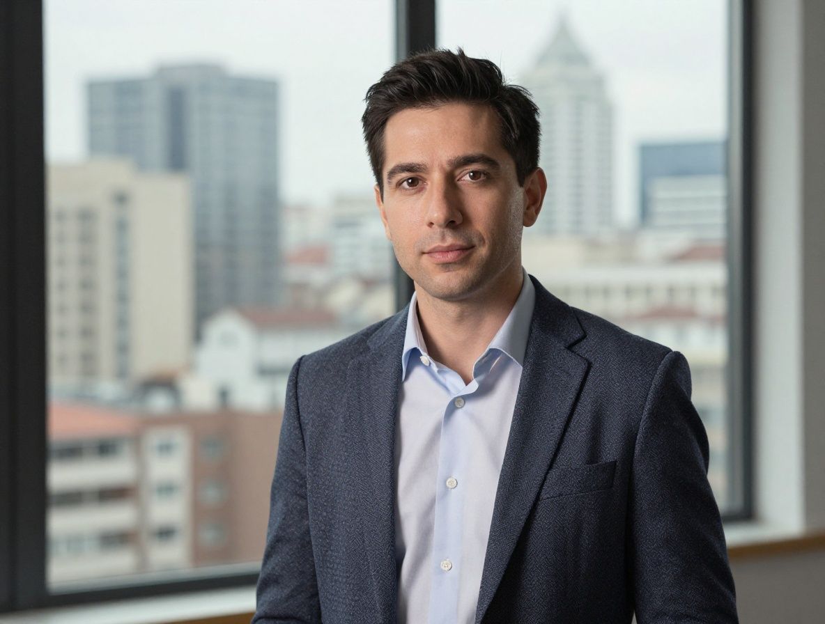 Портрет мужчины-аналитика в деловом костюме и галстуке, уверенный вид, размытый городской фон через окно