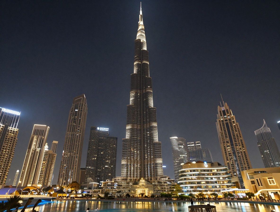 Панорама Дубая с видом на Бурдж-Халифу и Фонтан Дубай вечером, небоскрёбы с подсветкой, роскошные отели на первой линии